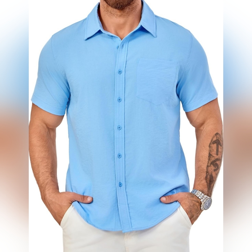 Men’s Blue Short Sleeve Button Up Shirt Casual Stretch Lightweight Pocket Front